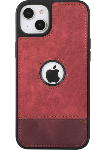 Apple iPhone 14 Kılıfı Için Pu Deri Ekleme Pus Deri+Tpu Telefon Kabuğu Logo View Pencere Kırmızısı (Yurt Dışından)