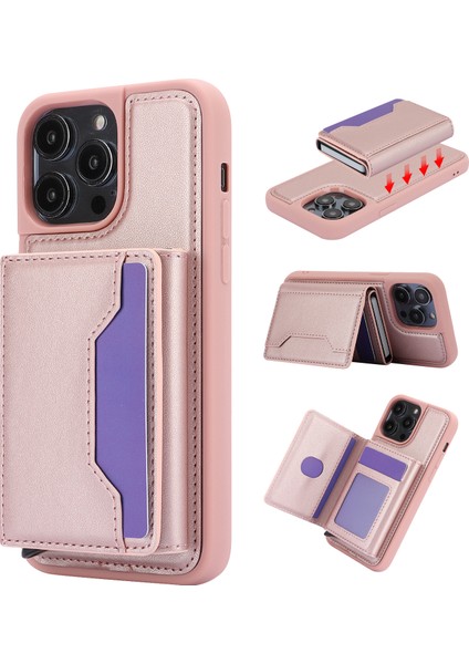 Apple iPhone 13 Pro Vasal Kart Tutucu Slotları Kickstand Koruyucu Telefon Kapağı-Rose Gold Için (Yurt Dışından)