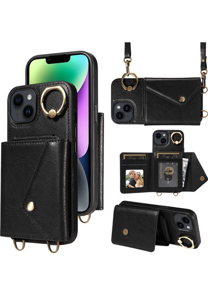 Için Apple iPhone 14/13 Yüzük Kickstand Cep Telefonu Kapağı Litchi Doku Deri+Tpu Kart Torbası Telefon Kılıfı Omuz Kayışı Black (Yurt Dışından)