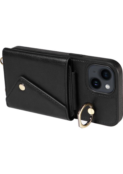 Için Apple iPhone 14/13 Yüzük Kickstand Cep Telefonu Kapağı Litchi Doku Deri+Tpu Kart Torbası Telefon Kılıfı Omuz Kayışı Black (Yurt Dışından) fiyatları