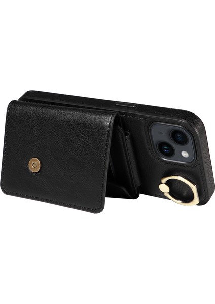 Için Apple iPhone 14/13 Yüzük Kickstand Cep Telefonu Kapağı Litchi Doku Deri+Tpu Kart Torbası Telefon Kılıfı Omuz Kayışı Black (Yurt Dışından) modelleri