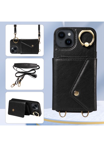 Için Apple iPhone 14/13 Yüzük Kickstand Cep Telefonu Kapağı Litchi Doku Deri+Tpu Kart Torbası Telefon Kılıfı Omuz Kayışı Black (Yurt Dışından) indirimleri