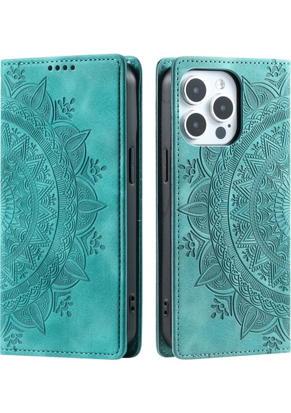 Apple iPhone 14 Pro Kılıfı Için Basılı Mandala Çiçek Deri Kapak Cüzdan Yeşil (Yurt Dışından)