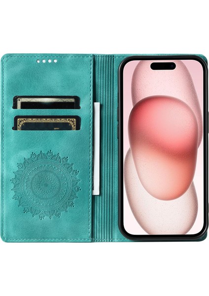Apple iPhone 14 Pro Kılıfı Için Basılı Mandala Çiçek Deri Kapak Cüzdan Yeşil (Yurt Dışından)