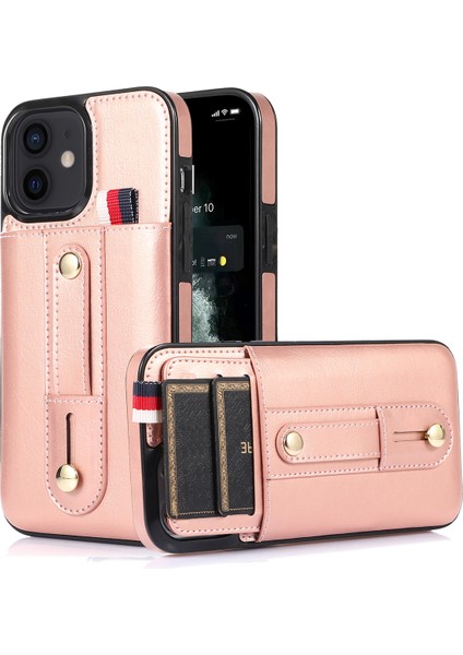 Apple iPhone 11 Kasa Gizli Kart Tutucu Pu Deri+Tpu Cep Telefonu Kapağı Parmak Kayışı Kickstand-Rose Altın (Yurt Dışından)