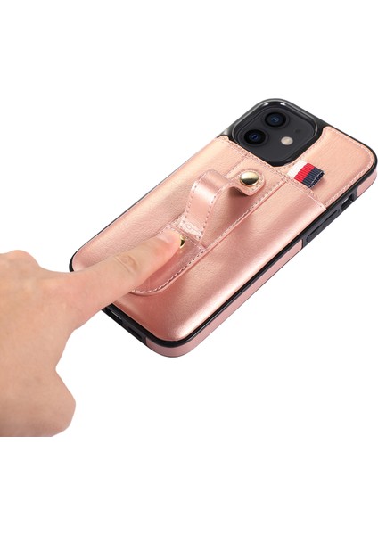 Apple iPhone 11 Kasa Gizli Kart Tutucu Pu Deri+Tpu Cep Telefonu Kapağı Parmak Kayışı Kickstand-Rose Altın (Yurt Dışından)
