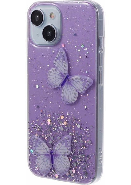 Apple iPhone 14 Case Için Sparkle Epoxy Kelebek Dekor Tpu+Pvc Telefon Geri Kabuk-Doğru (Yurt Dışından)