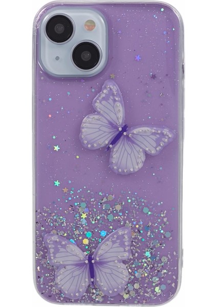 Apple iPhone 14 Case Için Sparkle Epoxy Kelebek Dekor Tpu+Pvc Telefon Geri Kabuk-Doğru (Yurt Dışından) modelleri