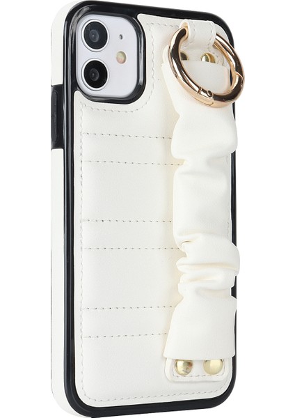 Apple iPhone 11 Için Pleated Wristband Kickstand Pu Deri Kaplamalı Tpu Kapak-Beyaz (Yurt Dışından)