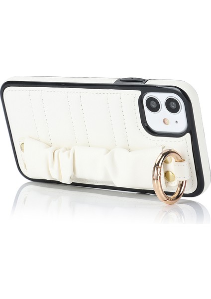 Apple iPhone 11 Için Pleated Wristband Kickstand Pu Deri Kaplamalı Tpu Kapak-Beyaz (Yurt Dışından)