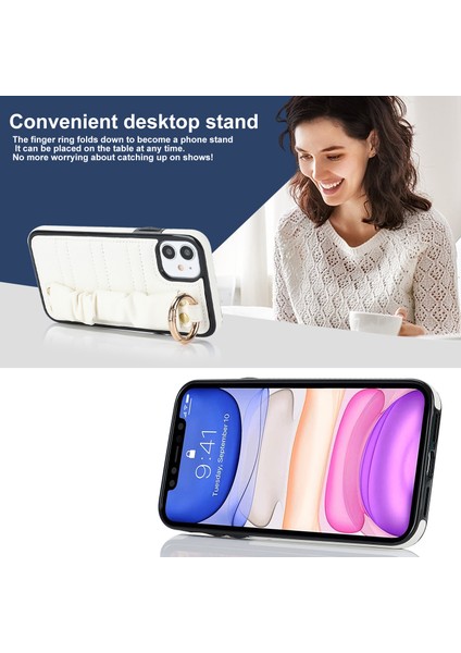 Apple iPhone 11 Için Pleated Wristband Kickstand Pu Deri Kaplamalı Tpu Kapak-Beyaz (Yurt Dışından)