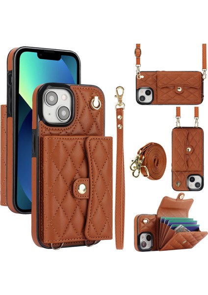 026 Apple iPhone 13 Mini Telefon Kartı Kılıfı Deri Kaplamalı Tpu Kickstand Cover-Brown (Yurt Dışından)