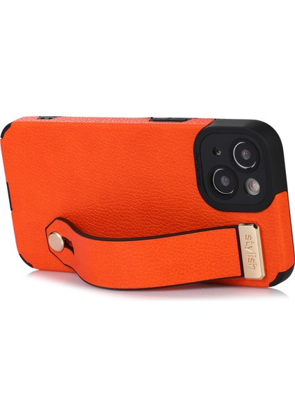 Apple iPhone 13 Case Kickstand Bilek Kayışı Dokulu Pu Deri+Tpu Telefon Kapak-Orange (Yurt Dışından) fiyatları