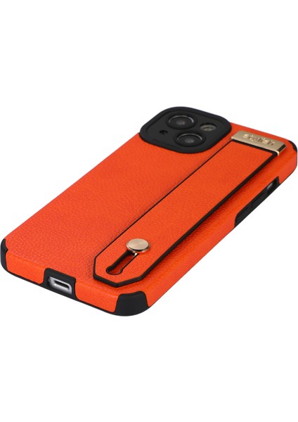 Apple iPhone 13 Case Kickstand Bilek Kayışı Dokulu Pu Deri+Tpu Telefon Kapak-Orange (Yurt Dışından) modelleri