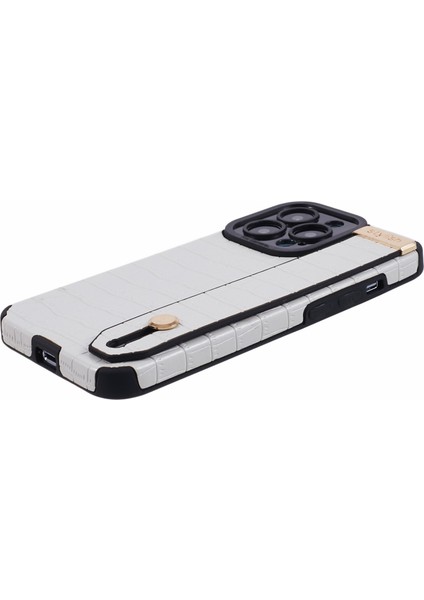 Apple iPhone 13 Pro Case Crocodile Doku Pu Deri+Tpu Telefon Kapağı Bileklik Beyaz (Yurt Dışından)