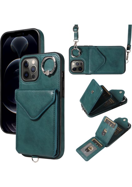 Apple iPhone 12 Pro Max Max Telefon Kılıfı Crossbody Strap Pu Pu Deri Kickstand Sırt Kapak Yeşili (Yurt Dışından)