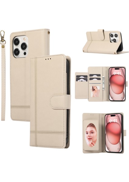 Apple iPhone 14 Pro Max Cep Telefon Kılıfları Için Folio Flip Deri Kapak Ayna Bej (Yurt Dışından)