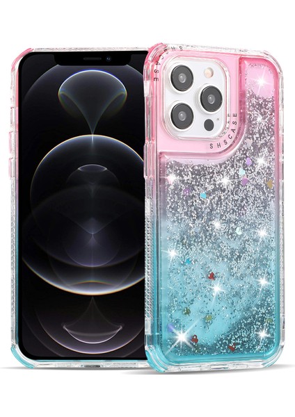 Apple iPhone 12 6.1 Inç/12 Pro 6.1 Inç Kasa Anti Kayma Tpu+Pc Gradient Quicksand Koruyucu Arka Kabuk-Pink+Açık Mavi (Yurt Dışından)