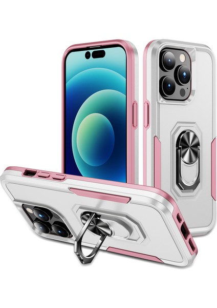 Apple iPhone 15 Pro Max Pc+Tpu Şok Geçirmez Kapak Yüzüğü Kickstand Anti-Cratch Telefon Vaka-Beyaz+Pembe (Yurt Dışından)