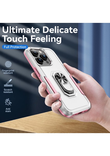 Apple iPhone 15 Pro Max Pc+Tpu Şok Geçirmez Kapak Yüzüğü Kickstand Anti-Cratch Telefon Vaka-Beyaz+Pembe (Yurt Dışından) fırsatları
