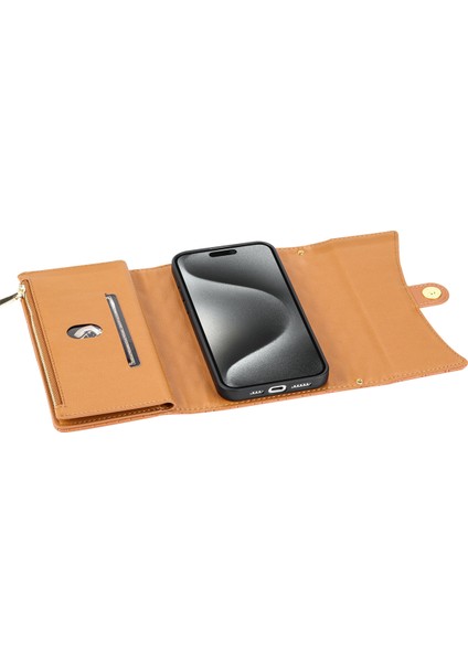 Apple iPhone 12/12 Pro Deri Cüzdan Kılıfı Folio Koruyucu Telefon Kapağı Fermuar Cep Stand-Brown (Yurt Dışından)