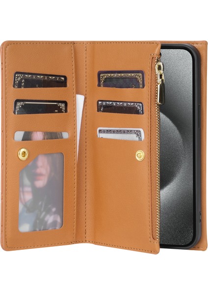 Apple iPhone 12/12 Pro Deri Cüzdan Kılıfı Folio Koruyucu Telefon Kapağı Fermuar Cep Stand-Brown (Yurt Dışından)