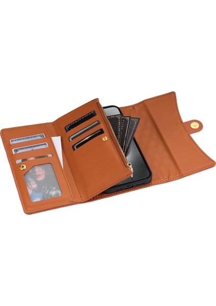 Apple iPhone 12/12 Pro Deri Cüzdan Kılıfı Folio Koruyucu Telefon Kapağı Fermuar Cep Stand-Brown (Yurt Dışından)