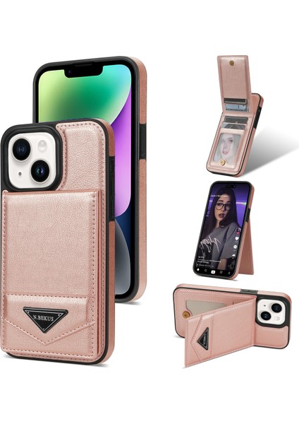 Apple iPhone 14 Plus Içinrfıd Için Pu Deri Kaplamalı Tpu Telefon Kılıf Kart Yuvaları Kickstand Kapak Pembe (Yurt Dışından)