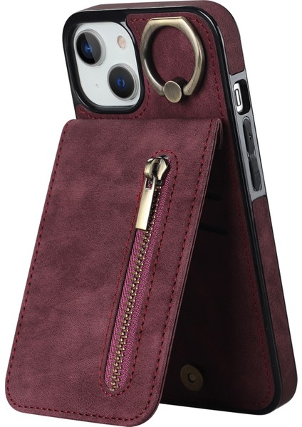 Pu+Tpu Apple iPhone 13 Mini Yüzük Kickstand Rfıd Engelleme Cep Telefonu Vaka Kırmızısı (Yurt Dışından)