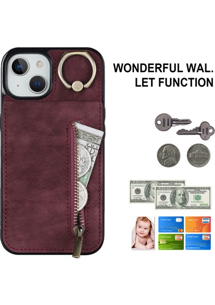 Pu+Tpu Apple iPhone 13 Mini Yüzük Kickstand Rfıd Engelleme Cep Telefonu Vaka Kırmızısı (Yurt Dışından)