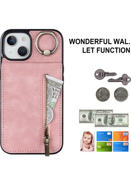 Pu+Tpu Apple iPhone 13 Mini Yüzük Kickstand Rfıd Engelleme Cep Telefonu Vaka-Pembe (Yurt Dışından)