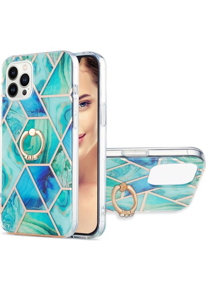 Apple iPhone 15 Pro Max Ring Kickstand Tpu Kılıfı Elektrapan Bir Ekim Mermer Desen Imd Telefon Kapak Yeşil (Yurt Dışından)