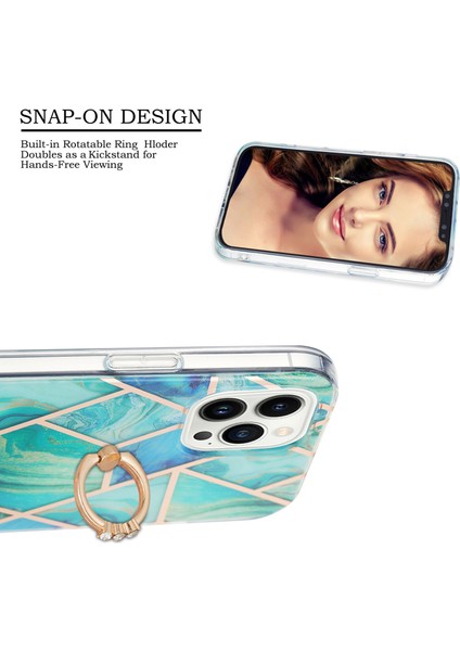 Apple iPhone 15 Pro Max Ring Kickstand Tpu Kılıfı Elektrapan Bir Ekim Mermer Desen Imd Telefon Kapak Yeşil (Yurt Dışından)