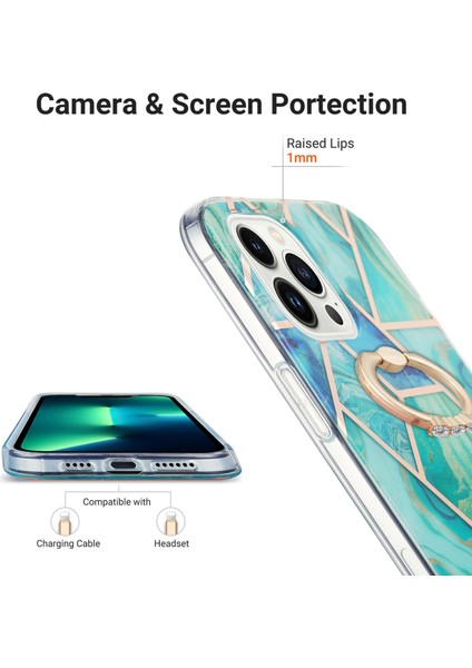 Apple iPhone 15 Pro Max Ring Kickstand Tpu Kılıfı Elektrapan Bir Ekim Mermer Desen Imd Telefon Kapak Yeşil (Yurt Dışından)