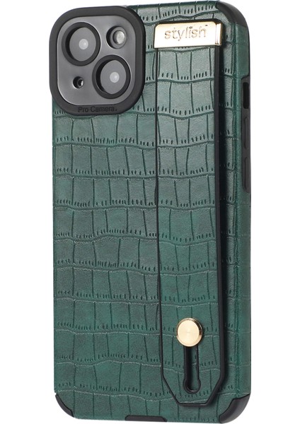 Apple iPhone 14 Plus Case Timsah Doku Deri+Tpu Telefon Kapağı Bileklik Kickstand-Green (Yurt Dışından)