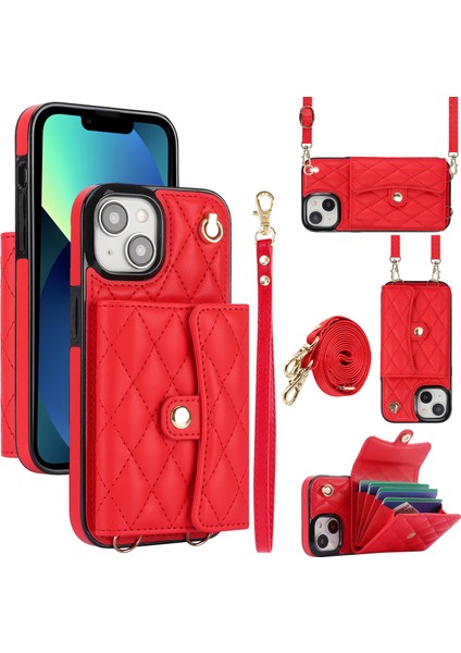 026 Apple iPhone 13 Mini Telefon Kartı Kılıfı Deri Kaplamalı Tpu Kickstand Kapak Kırmızı (Yurt Dışından)