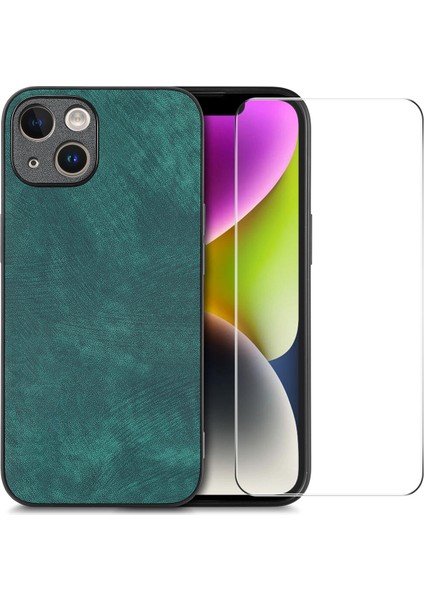 Apple iPhone 14 Plus Vintage Pu Deri Kaplamalı Pc Telefon Kapağı Açık Yüksek Alüminyum Silicon Cam Film Yeşili (Yurt Dışından)