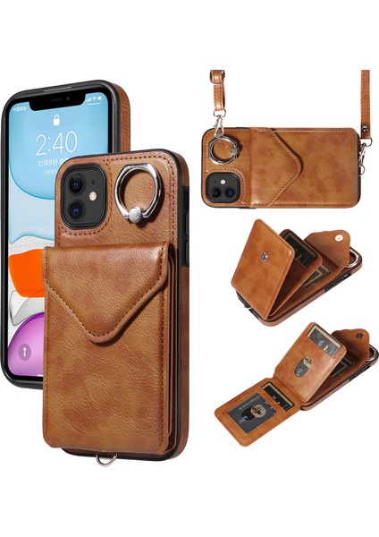 Apple iPhone 11 Crossbody Phone Case Pu Deri+Tpu Yüzük Kickstand Cover-Brown (Yurt Dışından)