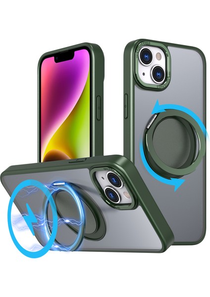Apple iPhone 14 Plus Manyetik Telefon Kılıfı Gizli Dişli Rotary Halkası Kickstand-Green (Yurt Dışından)