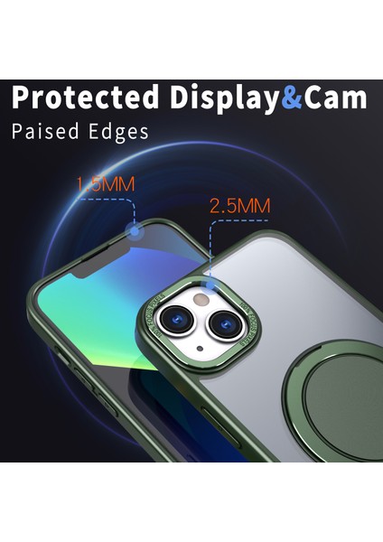 Apple iPhone 14 Plus Manyetik Telefon Kılıfı Gizli Dişli Rotary Halkası Kickstand-Green (Yurt Dışından)