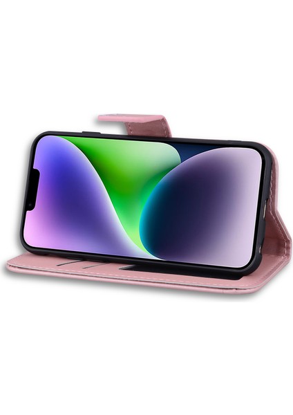 Apple iPhone 14 Plus Cep Telefonu Kılıf Anti Drop Pu Deri Cüzdan Stand Kapak Pembe (Yurt Dışından)