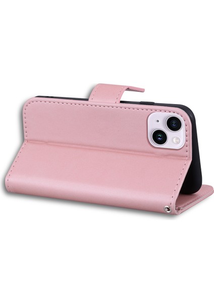 Apple iPhone 14 Plus Cep Telefonu Kılıf Anti Drop Pu Deri Cüzdan Stand Kapak Pembe (Yurt Dışından)
