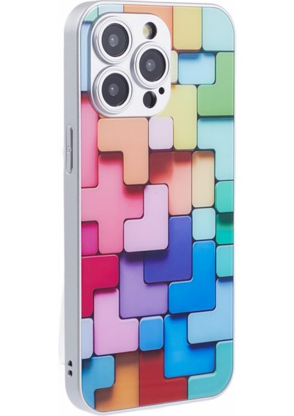 Apple iPhone 13 Pro Temperli Cam Kılıf Renkli Yapı Taşları Için Desen Telefon Geri Kapak Silver (Yurt Dışından)
