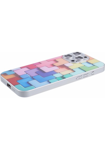 Apple iPhone 13 Pro Temperli Cam Kılıf Renkli Yapı Taşları Için Desen Telefon Geri Kapak Silver (Yurt Dışından)