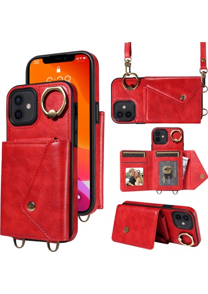 Apple iPhone Için Telefon Kabuğu 12/12 Pro 6.1 Inç Yüzük Kickstand Litchi Doku Deri+Tpu Kart Çanta Kılıfı Omuz Askılı Kırmızısı (Yurt Dışından)
