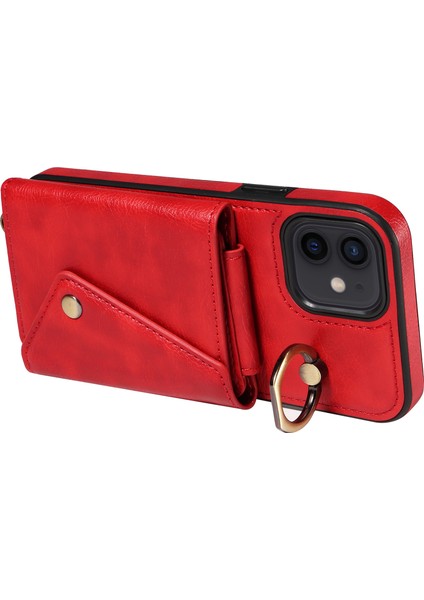 Apple iPhone Için Telefon Kabuğu 12/12 Pro 6.1 Inç Yüzük Kickstand Litchi Doku Deri+Tpu Kart Çanta Kılıfı Omuz Askılı Kırmızısı (Yurt Dışından)