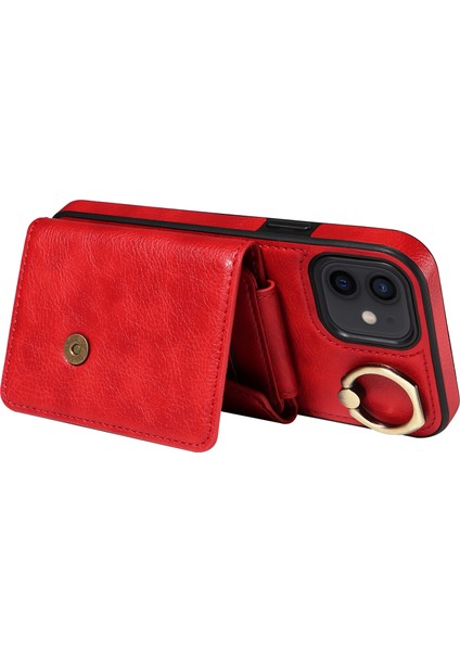 Apple iPhone Için Telefon Kabuğu 12/12 Pro 6.1 Inç Yüzük Kickstand Litchi Doku Deri+Tpu Kart Çanta Kılıfı Omuz Askılı Kırmızısı (Yurt Dışından)