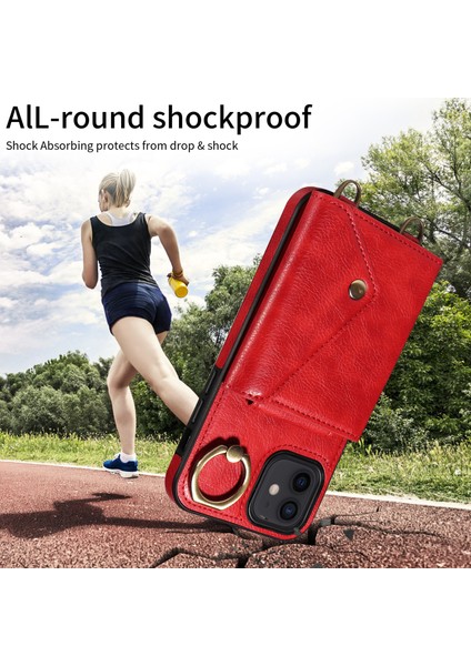 Apple iPhone Için Telefon Kabuğu 12/12 Pro 6.1 Inç Yüzük Kickstand Litchi Doku Deri+Tpu Kart Çanta Kılıfı Omuz Askılı Kırmızısı (Yurt Dışından)