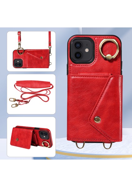 Apple iPhone Için Telefon Kabuğu 12/12 Pro 6.1 Inç Yüzük Kickstand Litchi Doku Deri+Tpu Kart Çanta Kılıfı Omuz Askılı Kırmızısı (Yurt Dışından)