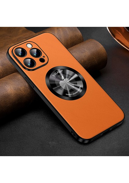 Apple iPhone 13 Pro 6.1 Inç Anti-Drop Telefon Kapağı Magsafe Cowhide Doku ile Uyumlu Pu Deri Kaplamalı Tpu Case-Orange (Yurt Dışından)